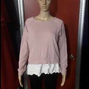 Pink Rose Vintage sweater with eyelet ruffle hem